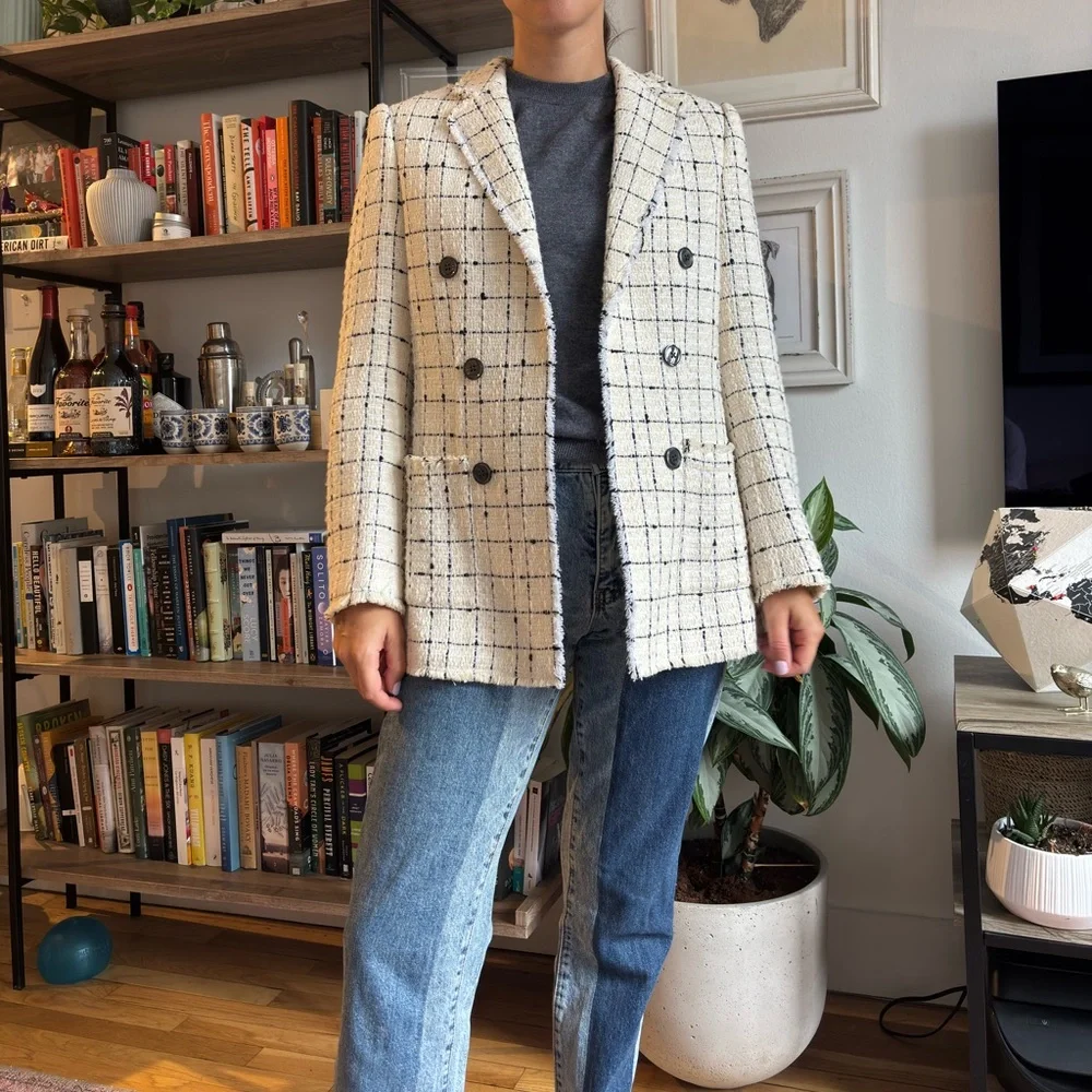 Rebecca Taylor Cream Tweed Double-Breasted Windowpane Blazer - Picture 3 of 3